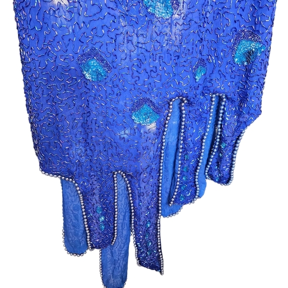 Vintage Royal Blue Beaded Sequin Dress Handkerchief Hem Evening Gown Medium - Picture 4 of 7